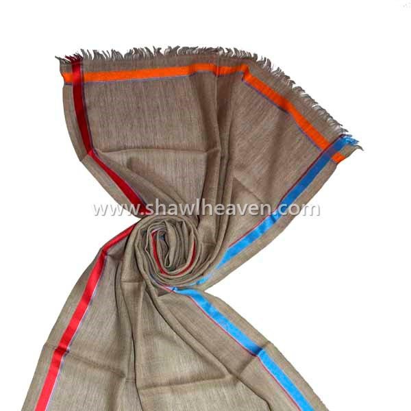 Khaki soft wool scarves with Red, orange and blue silk stripes